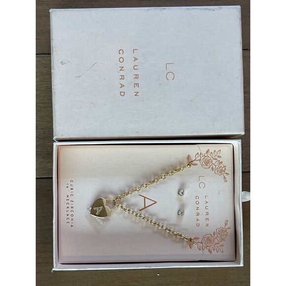 Lauren Conrad Cubic Zirconia Heart Necklace & Earrings A Initial Gold Tone 16" - Picture 7 of 9
